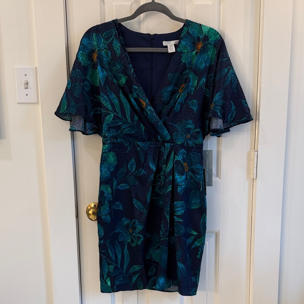 London Times Navy and Teal Floral Wrap-Style Mini Dress